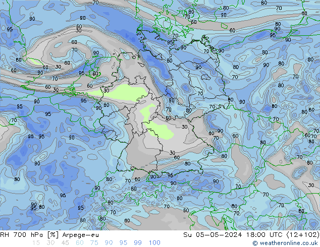 RH 700 гПа Arpege-eu Вс 05.05.2024 18 UTC