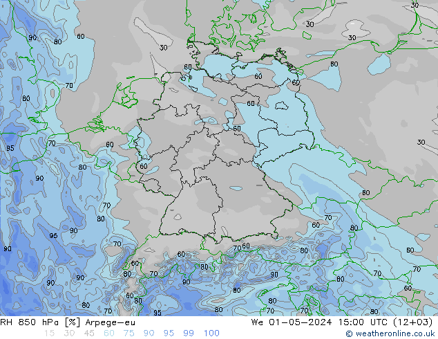 Humedad rel. 850hPa Arpege-eu mié 01.05.2024 15 UTC