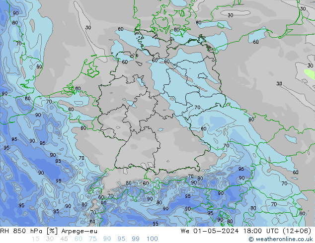 RH 850 гПа Arpege-eu ср 01.05.2024 18 UTC