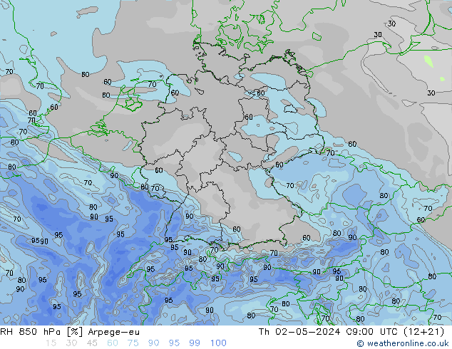 RH 850 hPa Arpege-eu Do 02.05.2024 09 UTC