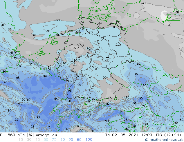 RH 850 hPa Arpege-eu gio 02.05.2024 12 UTC