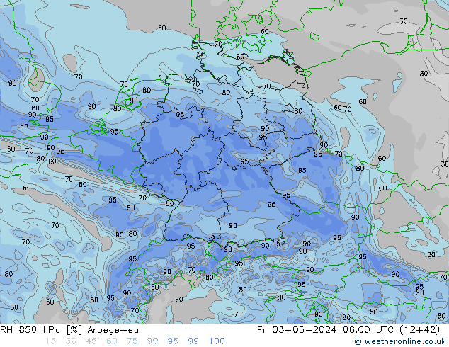 RH 850 гПа Arpege-eu пт 03.05.2024 06 UTC