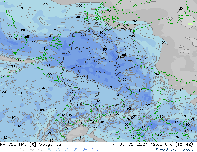 RH 850 hPa Arpege-eu Sex 03.05.2024 12 UTC