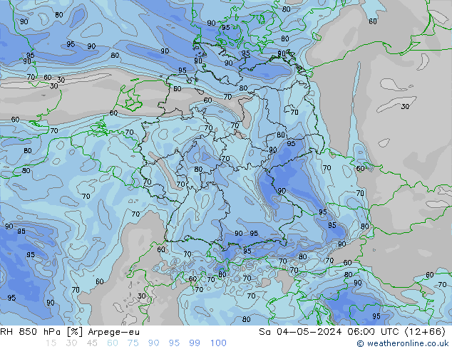 RH 850 hPa Arpege-eu Sa 04.05.2024 06 UTC