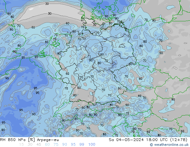 RH 850 гПа Arpege-eu сб 04.05.2024 18 UTC