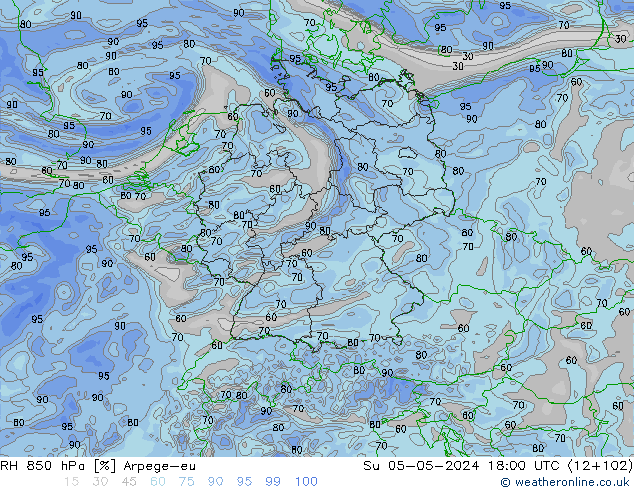 Humidité rel. 850 hPa Arpege-eu dim 05.05.2024 18 UTC