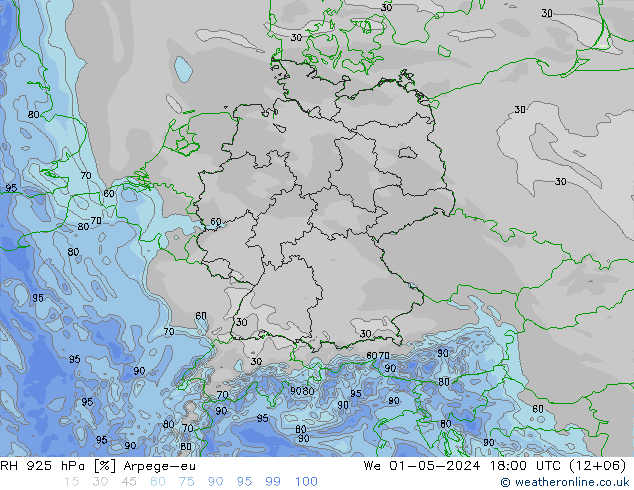 RH 925 hPa Arpege-eu Mi 01.05.2024 18 UTC