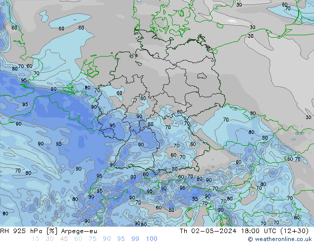 Humedad rel. 925hPa Arpege-eu jue 02.05.2024 18 UTC