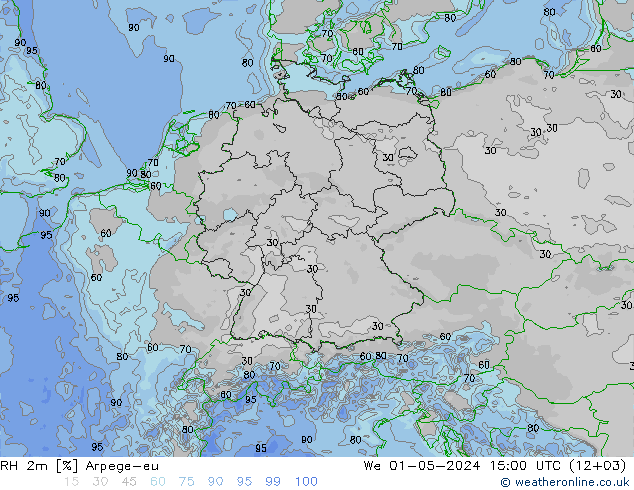 RH 2m Arpege-eu Mi 01.05.2024 15 UTC