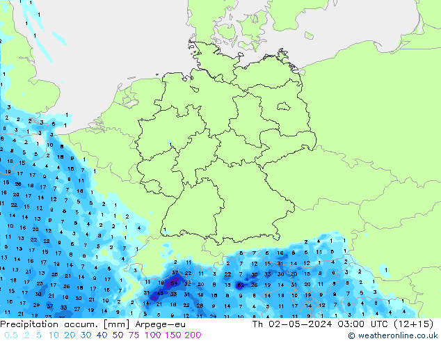 Precipitation accum. Arpege-eu Th 02.05.2024 03 UTC