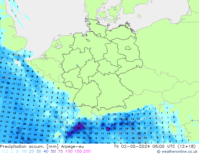 Precipitation accum. Arpege-eu Qui 02.05.2024 06 UTC