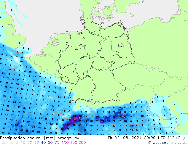 Précipitation accum. Arpege-eu jeu 02.05.2024 09 UTC