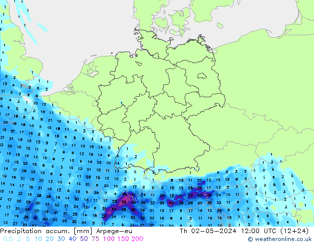 Precipitation accum. Arpege-eu Čt 02.05.2024 12 UTC