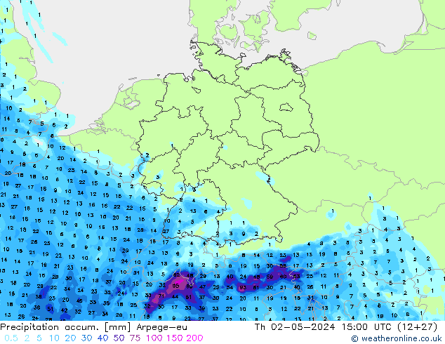 Precipitation accum. Arpege-eu Th 02.05.2024 15 UTC