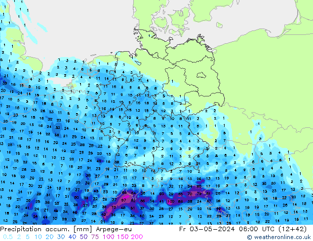 Totale neerslag Arpege-eu vr 03.05.2024 06 UTC