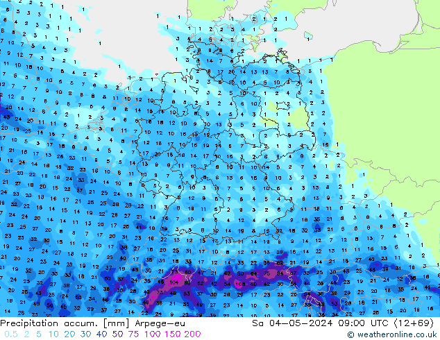 Precipitation accum. Arpege-eu Sa 04.05.2024 09 UTC