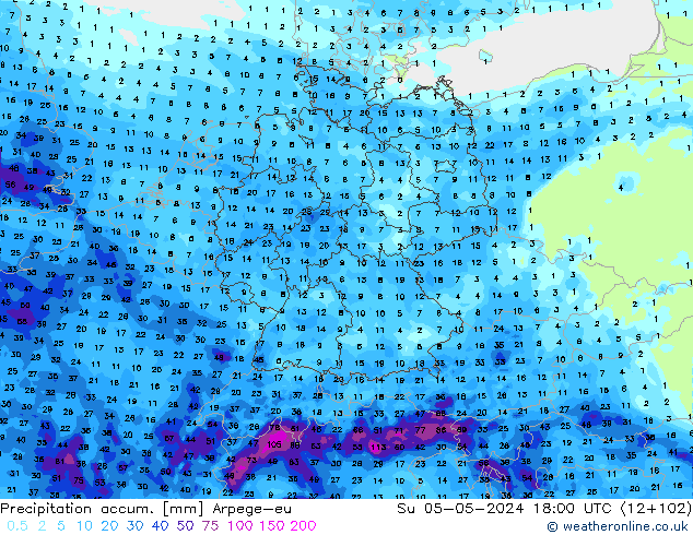 Precipitación acum. Arpege-eu dom 05.05.2024 18 UTC