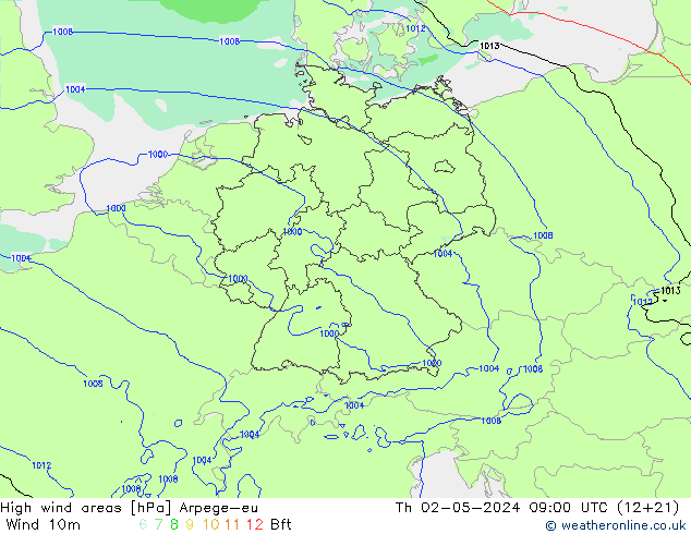 High wind areas Arpege-eu Th 02.05.2024 09 UTC