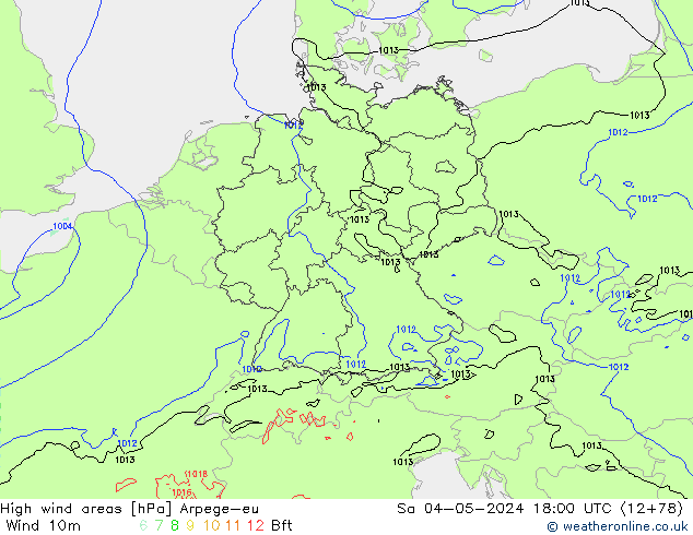 High wind areas Arpege-eu Sa 04.05.2024 18 UTC