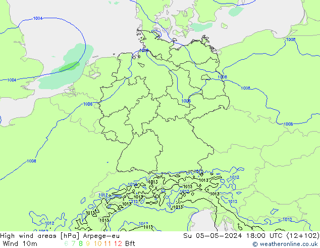 High wind areas Arpege-eu dim 05.05.2024 18 UTC