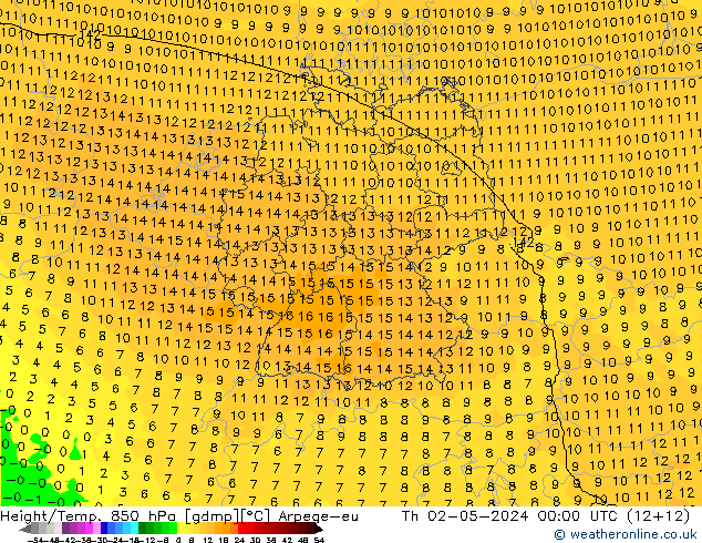 Géop./Temp. 850 hPa Arpege-eu jeu 02.05.2024 00 UTC