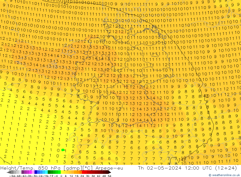 Height/Temp. 850 гПа Arpege-eu чт 02.05.2024 12 UTC