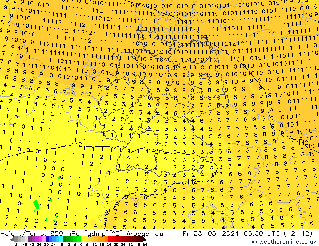 Hoogte/Temp. 850 hPa Arpege-eu vr 03.05.2024 06 UTC