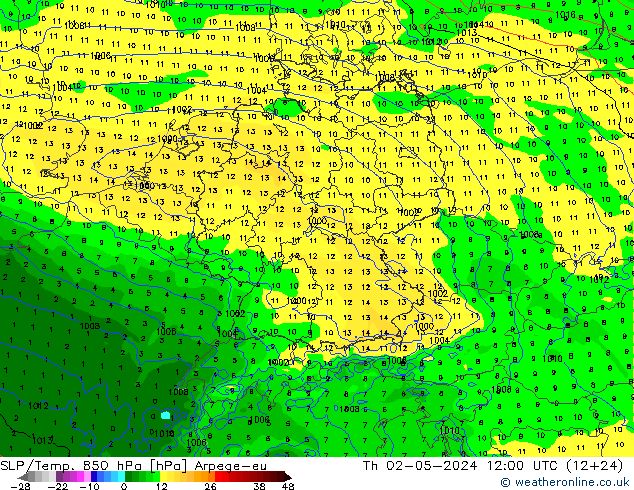 SLP/Temp. 850 hPa Arpege-eu Čt 02.05.2024 12 UTC