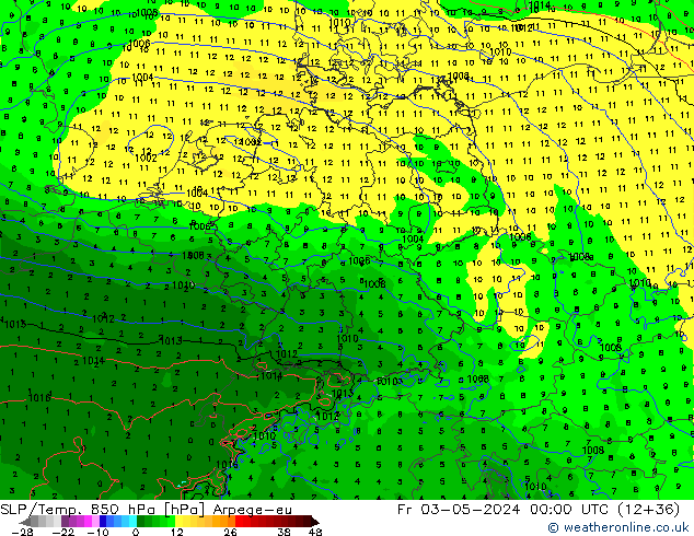 SLP/Temp. 850 hPa Arpege-eu Pá 03.05.2024 00 UTC