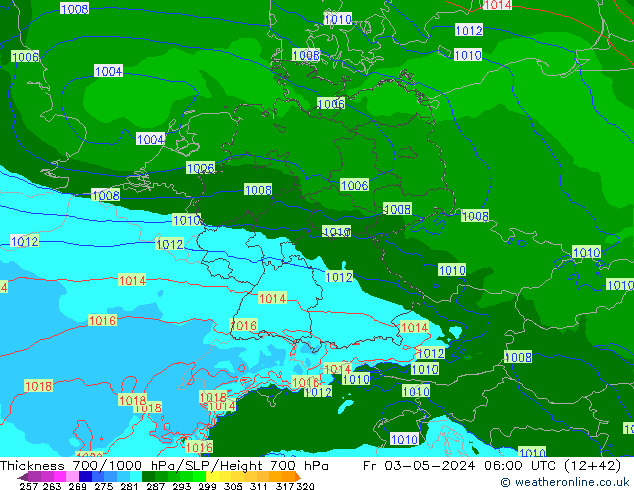 Thck 700-1000 гПа Arpege-eu пт 03.05.2024 06 UTC