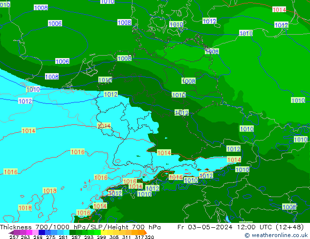 Thck 700-1000 гПа Arpege-eu пт 03.05.2024 12 UTC