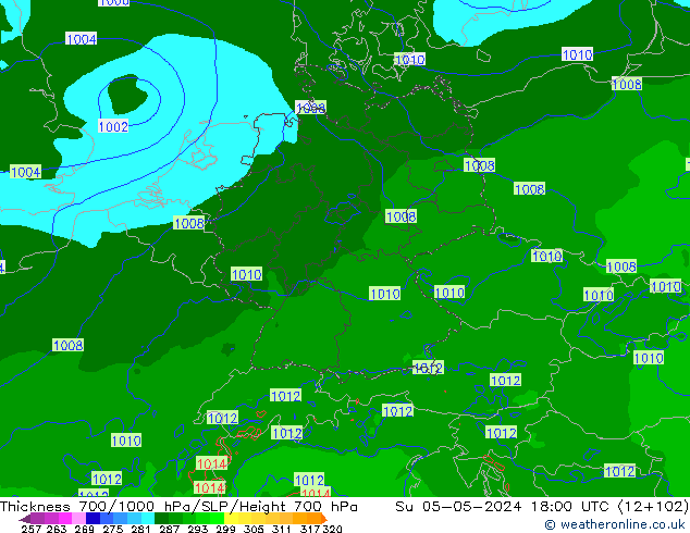 Thck 700-1000 гПа Arpege-eu Вс 05.05.2024 18 UTC