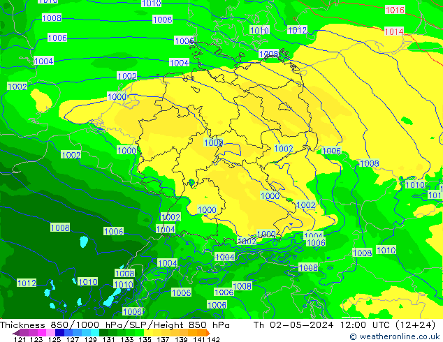 Dikte 850-1000 hPa Arpege-eu do 02.05.2024 12 UTC