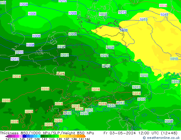 Dikte 850-1000 hPa Arpege-eu vr 03.05.2024 12 UTC