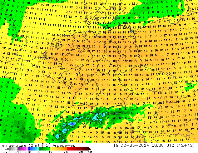 Temperatura (2m) Arpege-eu jue 02.05.2024 00 UTC