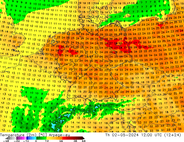 Temperature (2m) Arpege-eu Th 02.05.2024 12 UTC