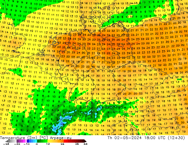 température (2m) Arpege-eu jeu 02.05.2024 18 UTC