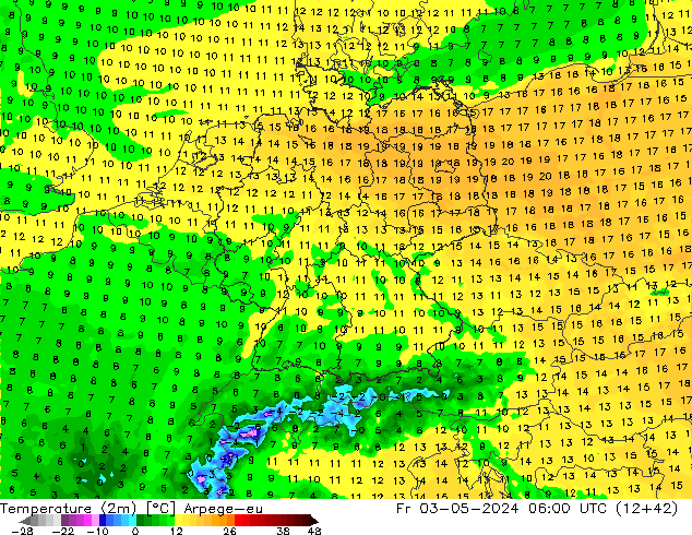 température (2m) Arpege-eu ven 03.05.2024 06 UTC