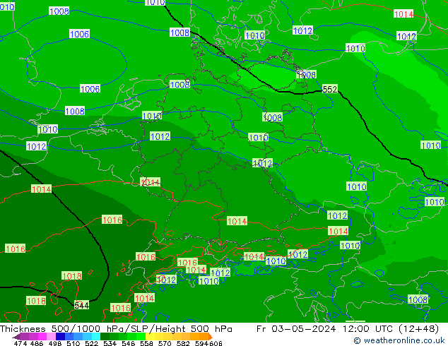 Dikte 500-1000hPa Arpege-eu vr 03.05.2024 12 UTC