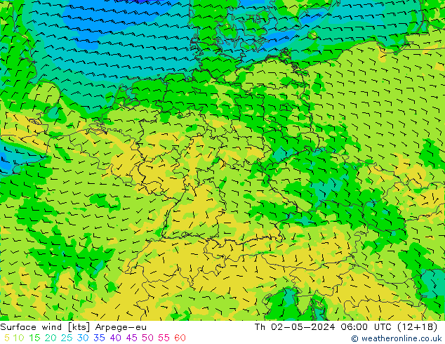 Vento 10 m Arpege-eu Qui 02.05.2024 06 UTC