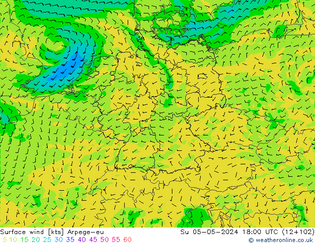 wiatr 10 m Arpege-eu nie. 05.05.2024 18 UTC