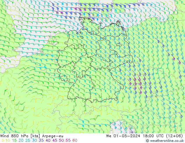 Vent 850 hPa Arpege-eu mer 01.05.2024 18 UTC