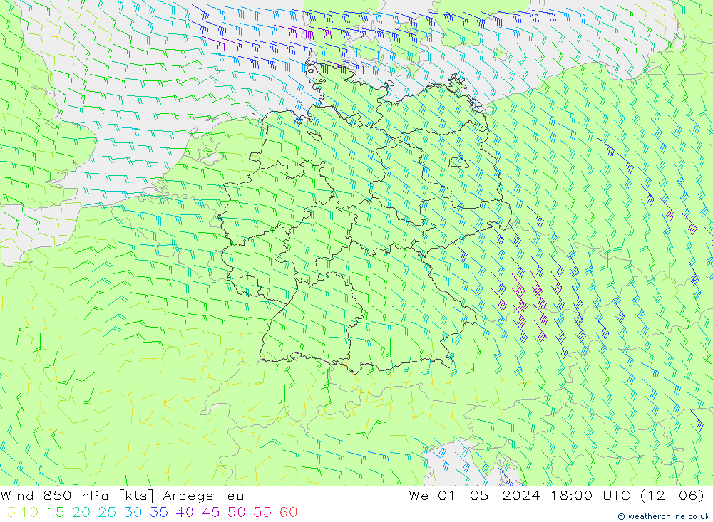 Vent 850 hPa Arpege-eu mer 01.05.2024 18 UTC