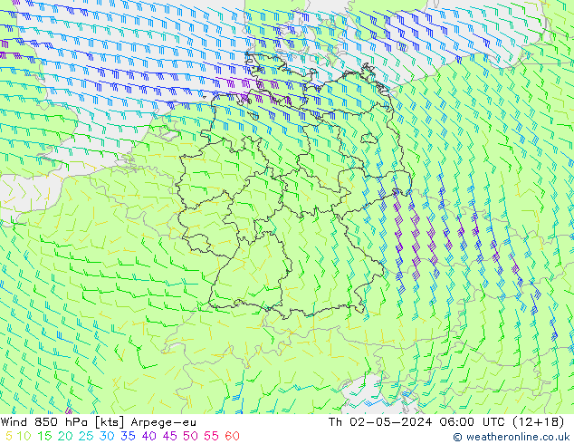 Vent 850 hPa Arpege-eu jeu 02.05.2024 06 UTC