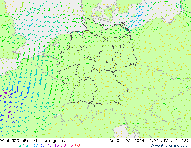 ветер 850 гПа Arpege-eu сб 04.05.2024 12 UTC