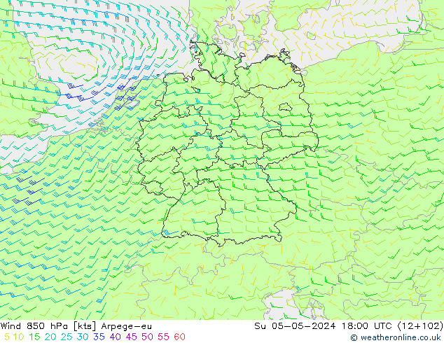 Vento 850 hPa Arpege-eu dom 05.05.2024 18 UTC