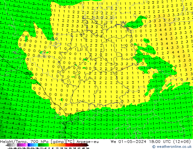 Height/Temp. 700 hPa Arpege-eu We 01.05.2024 18 UTC