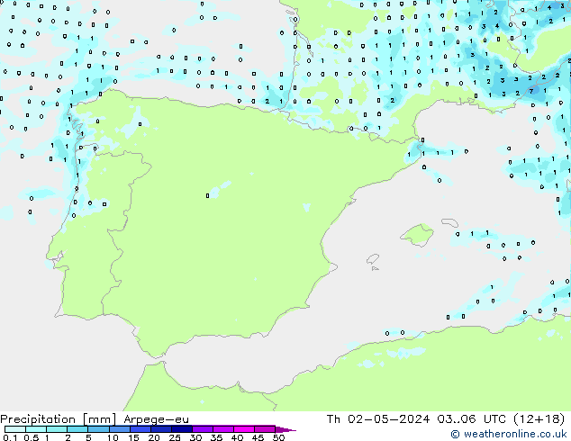 Precipitación Arpege-eu jue 02.05.2024 06 UTC