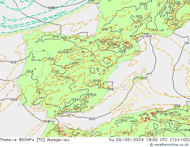 Theta-e 850hPa Arpege-eu zo 05.05.2024 18 UTC