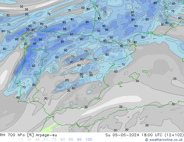 RH 700 hPa Arpege-eu Su 05.05.2024 18 UTC